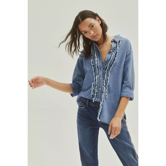 ANTHOPOLOGIE Pilcro Juni Ruffled Fringe Denim Button Up Blouse Shirt Size XXS - Picture 1 of 9